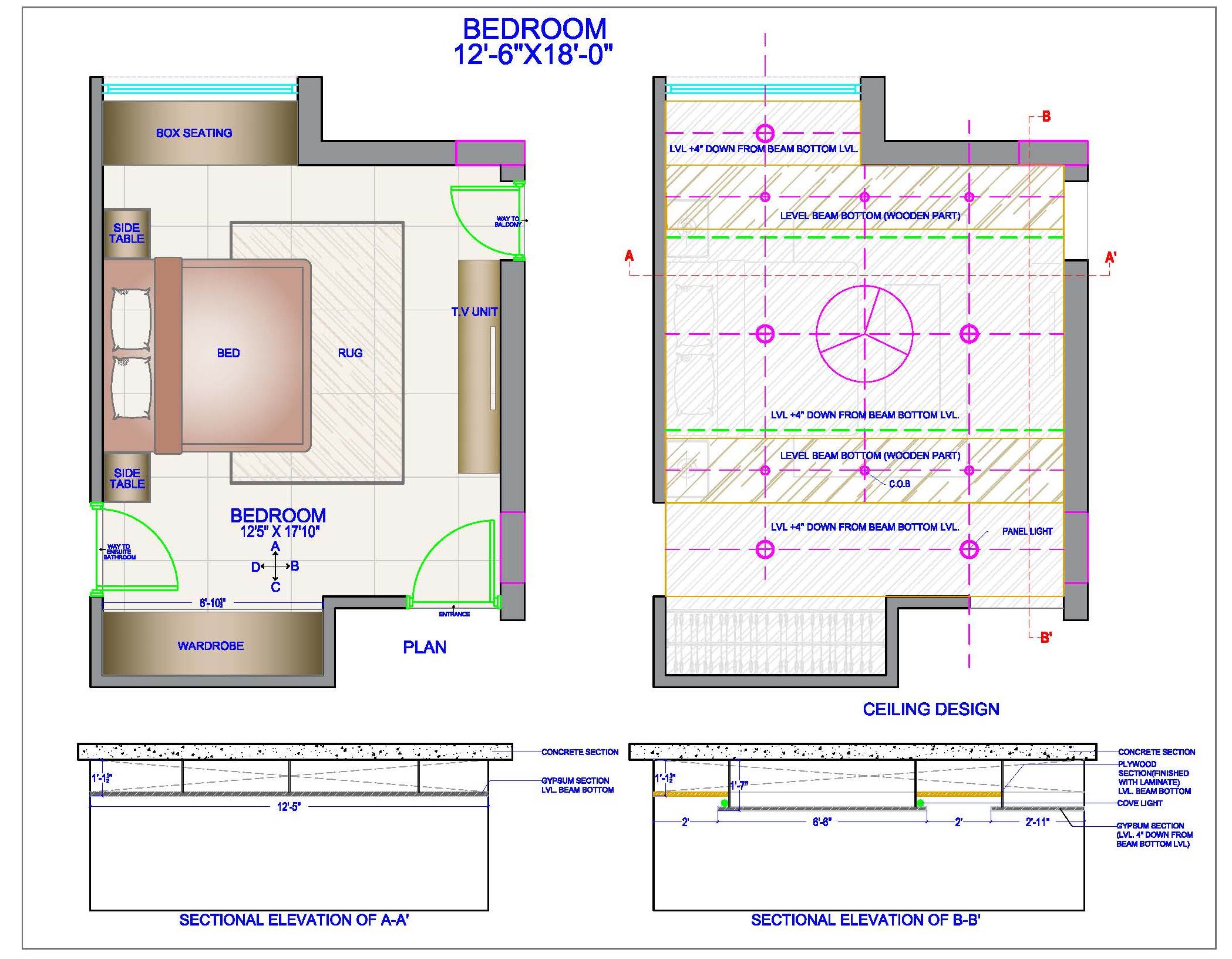 Bedroom Design Furniture and Ceiling Layout (12'x18')